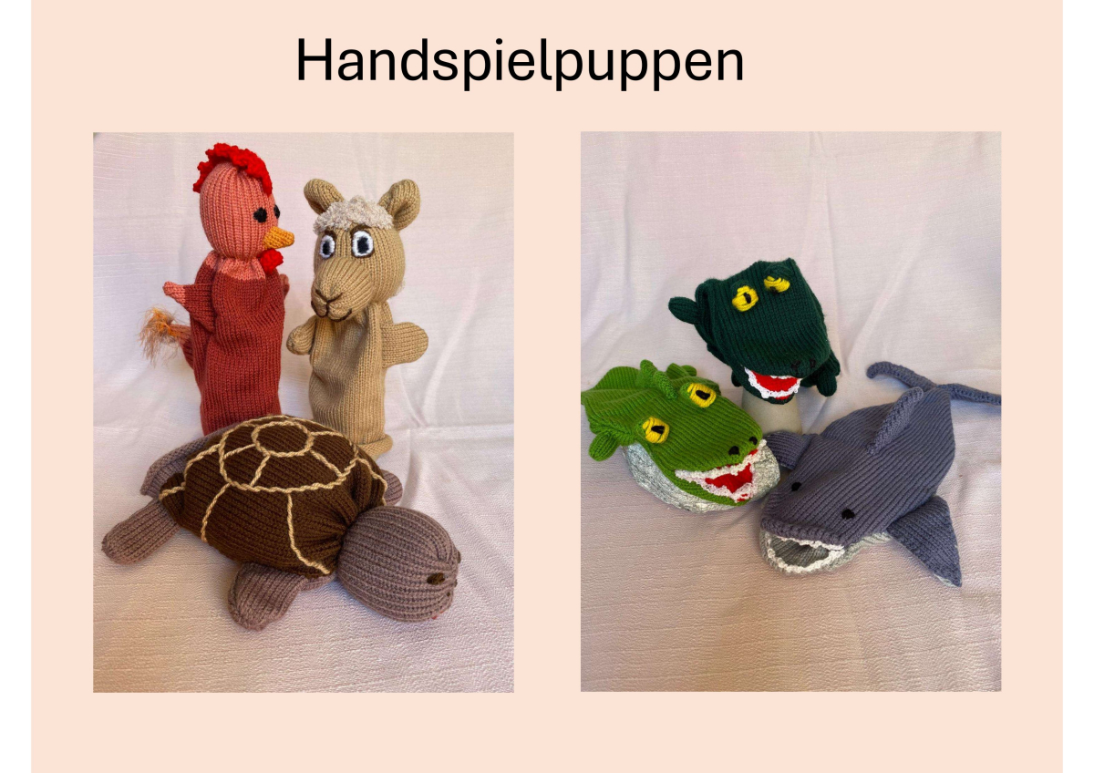 Handspielfiguren Hahn, Schaf, Schildkröte und Krokodile und Hai